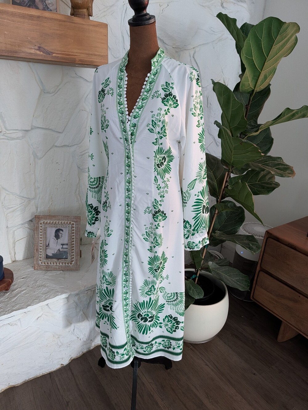 Sunfere White & Green Floral Midi Dress Size M